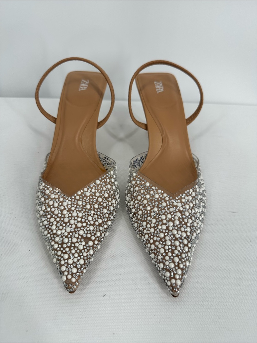 ZARA Clear PVC Pearl Rhinestone Embellished Pointed Slingback Kitty Heels Size 7 - Picture 14 of 15